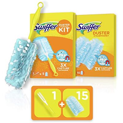 Swiffer Duster Kit, 1 Duster + 15 Refills, Catches and Retains Up to 3 Times More Hair Swiffer Duster Kit, 1 Duster + 15 Refills, Catches and Retains Up to 3 Times More Hair
