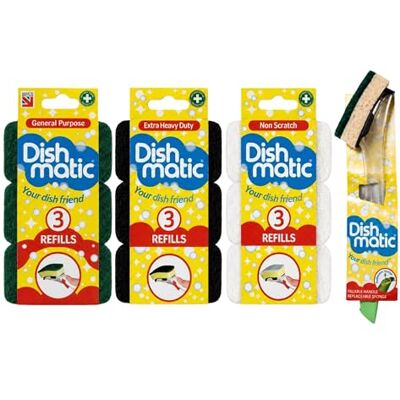 JD Dishmatic Washing Up Brush Bundle – 1 Handle, 1 Green General Purpose Refill Pack, 1 Black Extra Heavy Duty Refill Pack & 1 White Non Scratch Refill Pack JD Dishmatic Washing Up Brush Bundle – 1 Handle, 1 Green General Purpose Refill Pack, 1 Black Extra Heavy Duty Refill Pack & 1 White Non Scratch Refill Pack