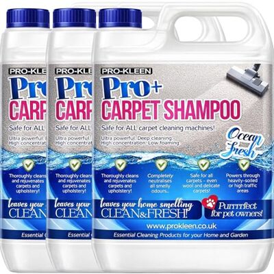 Pro-Kleen Pro+ Carpet and Upholstery Cleaning Solution – 4 in 1 Concentrate Carpet Shampoo – Suitable for all Machines 3 x 5L (Ocean fresh) Pro-Kleen Pro+ Carpet and Upholstery Cleaning Solution – 4 in 1 Concentrate Carpet Shampoo – Suitable for all Machines 3 x 5L (Ocean fresh)