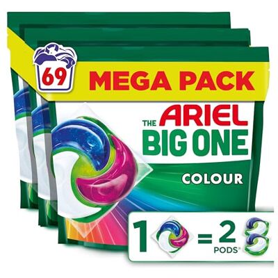 Ariel The Big One PODS Laundry Capsules, 69 Washes (3 x 23), Colour – 2X Stain & Odour Removal, Fast Dissolving in Cold Ariel The Big One PODS Laundry Capsules, 69 Washes (3 x 23), Colour – 2X Stain & Odour Removal, Fast Dissolving in Cold