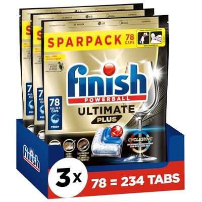 Finish Ultimate Plus Fresh Dishwasher Tablets Dishwasher Tablets for Intensive Cleaning, Grease Dissolving Power and Shine Economy Pack with 234 Tablets (3 x 78 Tabs) Finish Ultimate Plus Fresh Dishwasher Tablets Dishwasher Tablets for Intensive Cleaning, Grease Dissolving Power and Shine Economy Pack with 234 Tablets (3 x 78 Tabs)