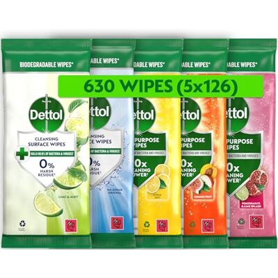 Dettol Antibacterial Cleansing Surface Wipes, Mixed Fragrance, 630 Wipes (126 x 5pck) Large Value, Disinfectant, Home Hygiene, Biodegradable, Kills 99.9 Percent of Germs Dettol Antibacterial Cleansing Surface Wipes, Mixed Fragrance, 630 Wipes (126 x 5pck) Large Value, Disinfectant, Home Hygiene, Biodegradable, Kills 99.9 Percent of Germs