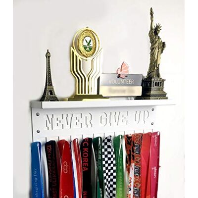 URBN BY MODERN HOME FINISHINGS NEVER GIVE UP Motivational Sports Awards Medal Holder Shelf, 3" Trophy Shelf Medal Hanger Display with Hooks, Easy Install Medal Rack and Ribbon Hanger Wall Shelf (White) URBN BY MODERN HOME FINISHINGS NEVER GIVE UP Motivational Sports Awards Medal Holder Shelf, 3" Trophy Shelf Medal Hanger Display with Hooks, Easy Install Medal Rack and Ribbon Hanger Wall Shelf (White)