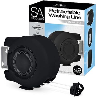 SA Products Wall Mounted Twin Cable Retractable Washing Line 2x15m Long Clothes Line 30m Extendable Laundry Drying String Line Heavy-Duty Plastic & Polyvinyl For Indoor & Outdoor Use All Black SA Products Wall Mounted Twin Cable Retractable Washing Line 2x15m Long Clothes Line 30m Extendable Laundry Drying String Line Heavy-Duty Plastic & Polyvinyl For Indoor & Outdoor Use All Black