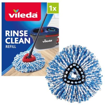 Vileda RinseClean Mop Head Replacement, Microfibre Mop Head, Blue/White Vileda RinseClean Mop Head Replacement, Microfibre Mop Head, Blue/White