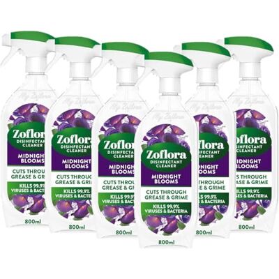 Zoflora Midnight Blooms Multipurpose Disinfectant Trigger Spray, 6 x 800ml, Floral Antibacterial Multi-Surface Cleaner, Pet-Friendly, Kills 99.9% of Bacteria & Viruses. Zoflora Midnight Blooms Multipurpose Disinfectant Trigger Spray, 6 x 800ml, Floral Antibacterial Multi-Surface Cleaner, Pet-Friendly, Kills 99.9% of Bacteria & Viruses.