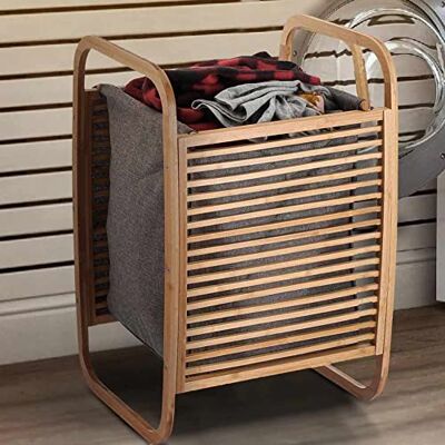 BAKAJI Dirty Bamboo Laundry Basket with Grey Fabric Home Bathroom Modern Curved Design Space Saving with Removable Bag 40x35x61cm BAKAJI Dirty Bamboo Laundry Basket with Grey Fabric Home Bathroom Modern Curved Design Space Saving with Removable Bag 40x35x61cm