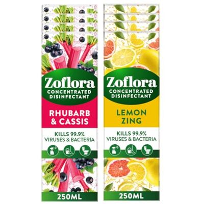 Zoflora Mixed Pack Concentrated Disinfectant Liquids, 8 x 250ml Pack, Includes Lemon Zing & Rhubarb & Cassis, Antibacterial Multi-Surface Cleaners, Kills 99.9% of Germs Zoflora Mixed Pack Concentrated Disinfectant Liquids, 8 x 250ml Pack, Includes Lemon Zing & Rhubarb & Cassis, Antibacterial Multi-Surface Cleaners, Kills 99.9% of Germs