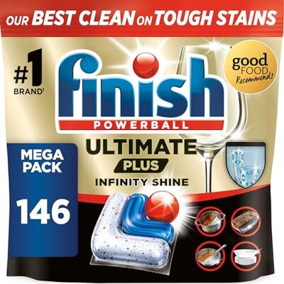 Finish Ultimate Plus Infinity Shine, Dishwasher Tablets, Fresh (2x73) 146 5X cleaning power vs Power, Advanced formula, Intensive clean, Removes burnt-on stains, Short eco cycle compatible Finish Ultimate Plus Infinity Shine, Dishwasher Tablets, Fresh (2x73) 146 5X cleaning power vs Power, Advanced formula, Intensive clean, Removes burnt-on stains, Short eco cycle compatible