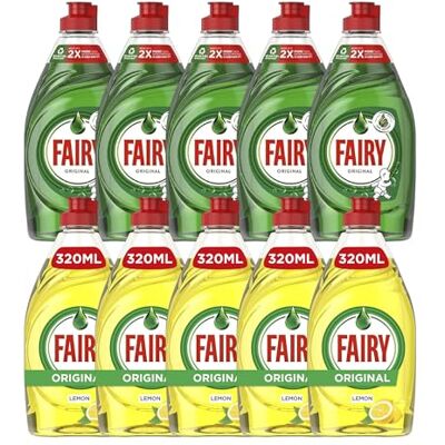 Fairy Washing Up Liquid Bundle – 10 Pack (5x Original + 5x Lemon) – Long Lasting Dishwashing Liquid – Tough on Grease, 320ml Bottles Fairy Washing Up Liquid Bundle – 10 Pack (5x Original + 5x Lemon) – Long Lasting Dishwashing Liquid – Tough on Grease, 320ml Bottles