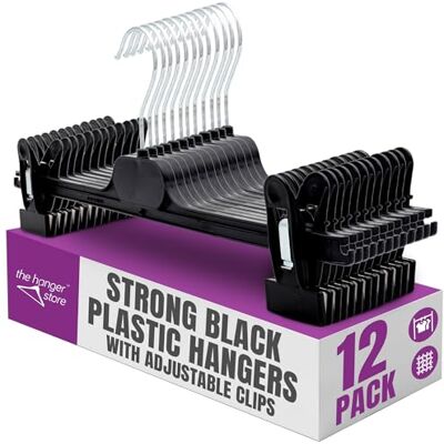 The Hanger Store Trouser Hanger with Clips, Plastic, 12 Pack Black Adjustable Foam Padded Clips, Rotatable Chrome Hook, Coat Hangers For Clothes, Trousers, Skirts, Jeans. Clothes Hangers The Hanger Store Trouser Hanger with Clips, Plastic, 12 Pack Black Adjustable Foam Padded Clips, Rotatable Chrome Hook, Coat Hangers For Clothes, Trousers, Skirts, Jeans. Clothes Hangers