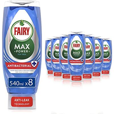 Fairy Max Power Washing Up Liquid, Antibacterial, 4.32 L (540 Ml X 8), Tea Tree Scent, Easy & Effortless Cleaning, Even On Your Greasiest Pots & Pans Fairy Max Power Washing Up Liquid, Antibacterial, 4.32 L (540 Ml X 8), Tea Tree Scent, Easy & Effortless Cleaning, Even On Your Greasiest Pots & Pans