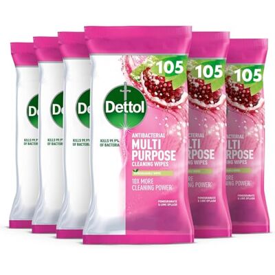 Dettol Antibacterial Multipurpose Cleaning Wipes, Pomegranate & Lime, 630 Wipes (105 x 6pck) Disinfectant, Biodegradable, 10X Cleaning power vs Water alone, Kills 99.9 Percent of Germs Dettol Antibacterial Multipurpose Cleaning Wipes, Pomegranate & Lime, 630 Wipes (105 x 6pck) Disinfectant, Biodegradable, 10X Cleaning power vs Water alone, Kills 99.9 Percent of Germs