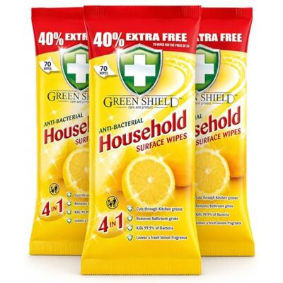 KWARE Green Shield Household Surface Wipes, Antibacterial & Antiviral, Lemon Scent, 70 Count Pack of 3, Total 210 Wipes, KWARE Green Shield Household Surface Wipes, Antibacterial & Antiviral, Lemon Scent, 70 Count Pack of 3, Total 210 Wipes,