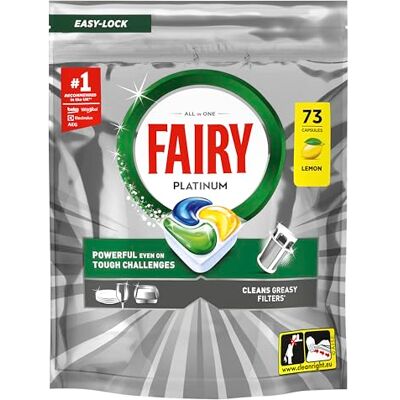Fairy Platinum Dishwasher Tablets, Lemon, 73 Capsules, Powerful Even on Tough Cleaning Challenges, Clean Dishes, Shiny Machine, Cleans Greasy Filter Fairy Platinum Dishwasher Tablets, Lemon, 73 Capsules, Powerful Even on Tough Cleaning Challenges, Clean Dishes, Shiny Machine, Cleans Greasy Filter