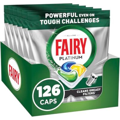 Fairy Platinum Dishwasher Tablets, Lemon, 126 Capsules Powerful Even On Tough Cleaning Challenges, Clean Dishes, Shiny Machine, Cleans Greasy Filter Fairy Platinum Dishwasher Tablets, Lemon, 126 Capsules Powerful Even On Tough Cleaning Challenges, Clean Dishes, Shiny Machine, Cleans Greasy Filter