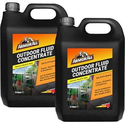 Armor All Outdoor Fluid 2 x 5 litres, Kills 99.9% Bacteria, Disinfects Greenhouses, Plantpots, Drains, Bins, Kennels, Stables Armor All Outdoor Fluid 2 x 5 litres, Kills 99.9% Bacteria, Disinfects Greenhouses, Plantpots, Drains, Bins, Kennels, Stables