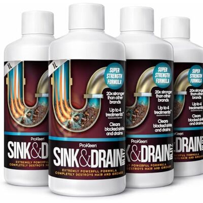 Pro-Kleen 4 x 1 Litre of Sink & Drain Blitz Plughole/Drain Unblocker Dissolves Hair & Grease Super Strength Formula: up to 16 Treatments Pro-Kleen 4 x 1 Litre of Sink & Drain Blitz Plughole/Drain Unblocker Dissolves Hair & Grease Super Strength Formula: up to 16 Treatments
