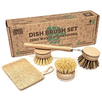 Jungle Culture Bamboo Washing Up Brush with 3 Heads & Loofah • Long Handle Natural Plastic Free Kitchen Cleaning Tools for Pots, Pans, Plates, Glasses & Vegetables • Zero Waste Scrubbing Essentials Jungle Culture Bamboo Washing Up Brush with 3 Heads & Loofah • Long Handle Natural Plastic Free Kitchen Cleaning Tools for Pots, Pans, Plates, Glasses & Vegetables • Zero Waste Scrubbing Essentials