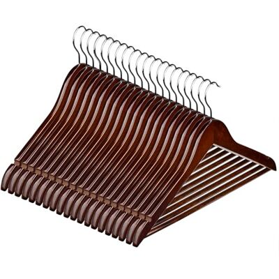 Hardys Brown Wooden Coat Hangers Sloped with Notches, Trouser Bar & 360° Rotating Hook Wardrobe Space Savers, Hangers for Clothes For Coat, Jacket, Suit, T Shirt (20 Pack) Hardys Brown Wooden Coat Hangers Sloped with Notches, Trouser Bar & 360° Rotating Hook Wardrobe Space Savers, Hangers for Clothes For Coat, Jacket, Suit, T Shirt (20 Pack)