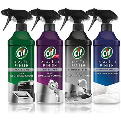 Cif 4 in 1 Cleaning Spray Kit Perfect Finish, Oven & Grill Cleaner, Limescale Remover, Stainless Steel Cleaner & Mould Remover, Multi Surface Kitchen & Home Cleaner, 4 x 435ml Cif 4 in 1 Cleaning Spray Kit Perfect Finish, Oven & Grill Cleaner, Limescale Remover, Stainless Steel Cleaner & Mould Remover, Multi Surface Kitchen & Home Cleaner, 4 x 435ml