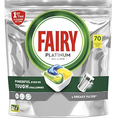 Fairy All-in-One Platinum Dishwasher Tablets Lemon, Brilliant Shine, Though Food and Greasy Filter Cleaning, XXL Pack, 70 Tablets Fairy All-in-One Platinum Dishwasher Tablets Lemon, Brilliant Shine, Though Food and Greasy Filter Cleaning, XXL Pack, 70 Tablets