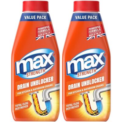 Max Strength Drain Unblocker, 2 x 1L Heavy Duty Sink, Shower, Bath, Plughole Unclogger Cleaner for Kitchen and Bathroom Drains – Fast Acting & Easy to Use Max Strength Drain Unblocker, 2 x 1L Heavy Duty Sink, Shower, Bath, Plughole Unclogger Cleaner for Kitchen and Bathroom Drains – Fast Acting & Easy to Use