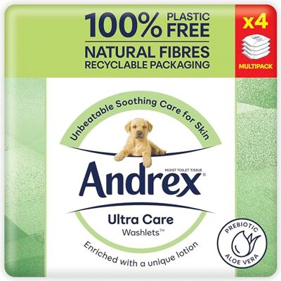 Andrex Ultra Care Washlets Soothing Care For Skin Wet Wipes Contain Aloe Vera and Probiotics Flushable, Plastic Free & Biodegradable, Pack of 4 Andrex Ultra Care Washlets Soothing Care For Skin Wet Wipes Contain Aloe Vera and Probiotics Flushable, Plastic Free & Biodegradable, Pack of 4