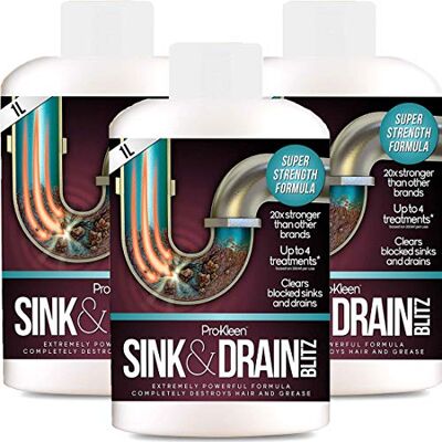 Pro-Kleen 3 x 1 Litre of Sink & Drain Blitz Plughole/Drain Unblocker Dissolves Hair & Grease Super Strength Formula: up to 12 Treatments Pro-Kleen 3 x 1 Litre of Sink & Drain Blitz Plughole/Drain Unblocker Dissolves Hair & Grease Super Strength Formula: up to 12 Treatments