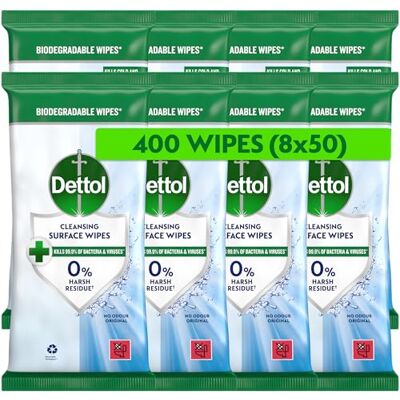 Dettol Antibacterial Cleansing Surface Wipes, Fragrance Free, 400 Wipes (50 x 8pck) Disinfectant, Home Hygiene, Biodegradable, Kills 99.9 Percent of Germs Dettol Antibacterial Cleansing Surface Wipes, Fragrance Free, 400 Wipes (50 x 8pck) Disinfectant, Home Hygiene, Biodegradable, Kills 99.9 Percent of Germs
