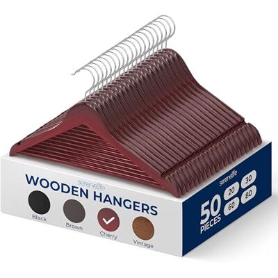 SereneLife Wood Hangers Space Saving Heavy Duty Slim Suit Clothes Hanger Set with 360 Degree Swivel Metal Hook, Can Hold Up to 10 Lbs. for Coats, Jackets, Pants & Dress 50 Pieces) SereneLife Wood Hangers Space Saving Heavy Duty Slim Suit Clothes Hanger Set with 360 Degree Swivel Metal Hook, Can Hold Up to 10 Lbs. for Coats, Jackets, Pants & Dress 50 Pieces)