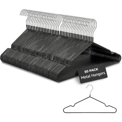 Rainberg 50 Pack Premium Rubber Coated Metal Hangers, Heavy Duty, Space Saving Organiser Clothes Hangers For Wardrobes, Coat Rack Rails Thin and Non-Slip Black (50 Pack) Rainberg 50 Pack Premium Rubber Coated Metal Hangers, Heavy Duty, Space Saving Organiser Clothes Hangers For Wardrobes, Coat Rack Rails Thin and Non-Slip Black (50 Pack)