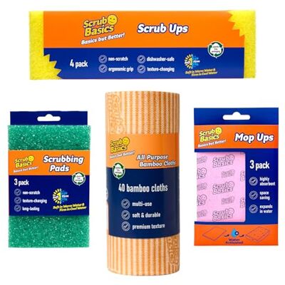 Scrub Daddy Scrub Basics 4 Piece Bundle 4 Scrub Ups Sponges, 3 Scrubbing Pads, 3 Mop Ups Absorbent Sponge Cloths & 1 Roll (40 Sheets) All Purpose Bamboo Cloths Non Scratch for Kitchen, Cleaning & Washing Up Scrub Daddy Scrub Basics 4 Piece Bundle 4 Scrub Ups Sponges, 3 Scrubbing Pads, 3 Mop Ups Absorbent Sponge Cloths & 1 Roll (40 Sheets) All Purpose Bamboo Cloths Non Scratch for Kitchen, Cleaning & Washing Up