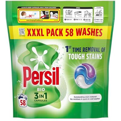 Persil Bio 3 in 1 Washing Capsules 1st time removal of tough stains outstanding stain removal in quick & cold washes 58 washes Persil Bio 3 in 1 Washing Capsules 1st time removal of tough stains outstanding stain removal in quick & cold washes 58 washes