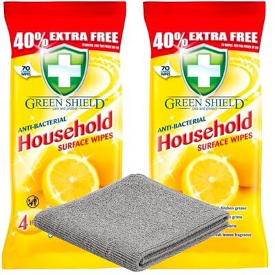 OW Gifts Co 3pk Bundle Greenshield Household Surface Wipes 70 Pack (Pack of 2) + Microfibre Buffing Cleaning Cloth – Antibacterial Multi Surface Cleaning Wipes, 4 in 1 Cleaning, Streak Free Finish OW Gifts Co 3pk Bundle Greenshield Household Surface Wipes 70 Pack (Pack of 2) + Microfibre Buffing Cleaning Cloth – Antibacterial Multi Surface Cleaning Wipes, 4 in 1 Cleaning, Streak Free Finish