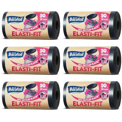 Bacofoil Elasti-Fit Bin Liners 50L Recycled bin bags, 6 Rolls (60 Bags) Leak-Proof, Elastic Fastening for Secure Fit Made from 100% Recycled Plastic Eco-Friendly Waste Disposal. Bacofoil Elasti-Fit Bin Liners 50L Recycled bin bags, 6 Rolls (60 Bags) Leak-Proof, Elastic Fastening for Secure Fit Made from 100% Recycled Plastic Eco-Friendly Waste Disposal.