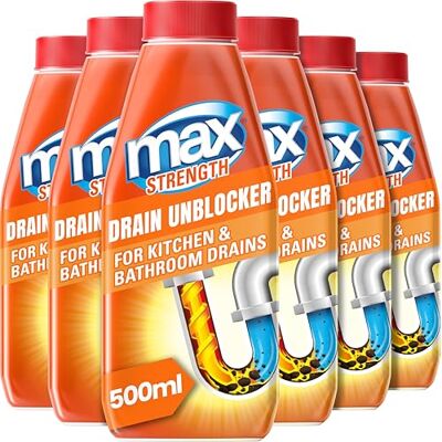 Max Strength Drain Unblocker 500ml, 6 Pack – Kitchen & Bathroom Sink Unblocker for Showers, Sinks, Basins, Baths – Heavy-Duty Plug & Drain Cleaner Max Strength Drain Unblocker 500ml, 6 Pack – Kitchen & Bathroom Sink Unblocker for Showers, Sinks, Basins, Baths – Heavy-Duty Plug & Drain Cleaner