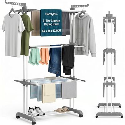 HomlyPro 4-Tier Clothes Drying Rack 64 x 76 x 172 CM Foldable Stainless-Steel Clothes Airer with Wheels, Adjustable Wings, Space Saving Garment Hanger Stand for Indoor Outdoor Home Use (Grey) HomlyPro 4-Tier Clothes Drying Rack 64 x 76 x 172 CM Foldable Stainless-Steel Clothes Airer with Wheels, Adjustable Wings, Space Saving Garment Hanger Stand for Indoor Outdoor Home Use (Grey)