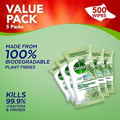 Dettol Wipes Biodegradable Antibacterial Multi Surface Cleaning, 5 Packs of 100 Total 500 Wipes Dettol Wipes Biodegradable Antibacterial Multi Surface Cleaning, 5 Packs of 100 Total 500 Wipes