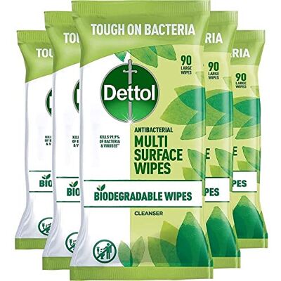 Dettol Biodegradable Antibacterial Multi Surface Cleaning Wipes, 4 Packs of 90 (360 Total) Eco-Friendly, Effective Germ Protection, Fresh Scent, Convenient Resealable Packaging (Varies) Dettol Biodegradable Antibacterial Multi Surface Cleaning Wipes, 4 Packs of 90 (360 Total) Eco-Friendly, Effective Germ Protection, Fresh Scent, Convenient Resealable Packaging (Varies)