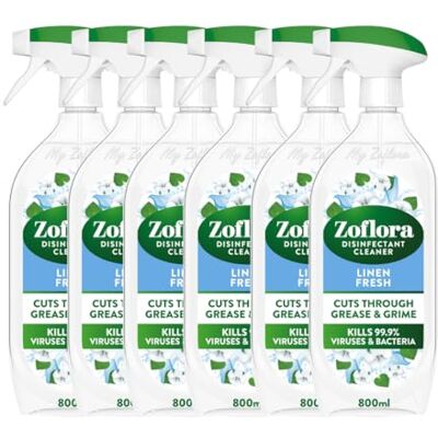 Zoflora Linen Fresh Multipurpose Disinfectant Trigger Spray, 6 x 800ml Pack, Antibacterial Multi-Surface Cleaner, Pet-Friendly, Kills 99.9% of Bacteria & Viruses Zoflora Linen Fresh Multipurpose Disinfectant Trigger Spray, 6 x 800ml Pack, Antibacterial Multi-Surface Cleaner, Pet-Friendly, Kills 99.9% of Bacteria & Viruses