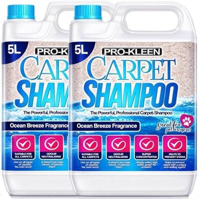 Pro-Kleen Professional Carpet & Upholstery Shampoo – Ocean Fresh Fragrance 10L High Concentrate Cleaning Solution Suitable for All Machines Pro-Kleen Professional Carpet & Upholstery Shampoo – Ocean Fresh Fragrance 10L High Concentrate Cleaning Solution Suitable for All Machines