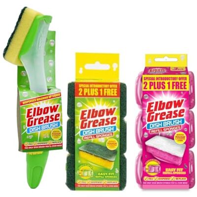 Topest Elbow Grease Fillable Washing Up Brush with Sponge- Ergonomic Design Handle with 3X Elbow Grease General Purpose Refills and 3X Elbow Grease Non-Scratch Refills Topest Elbow Grease Fillable Washing Up Brush with Sponge- Ergonomic Design Handle with 3X Elbow Grease General Purpose Refills and 3X Elbow Grease Non-Scratch Refills