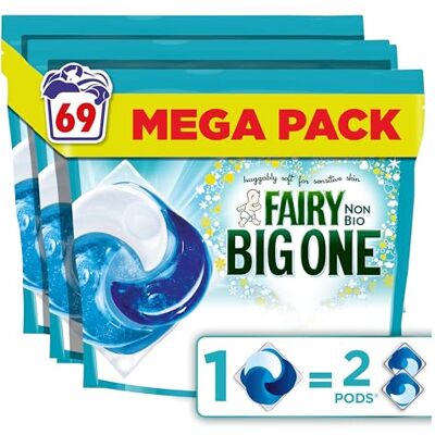 Fairy Non Bio The Big One PODS®, Washing Liquid Laundry Detergent Capasules, 69 Washes (3x23), 2X Stain Removal, Huggably Soft For Sensitive Skin Fairy Non Bio The Big One PODS®, Washing Liquid Laundry Detergent Capasules, 69 Washes (3x23), 2X Stain Removal, Huggably Soft For Sensitive Skin