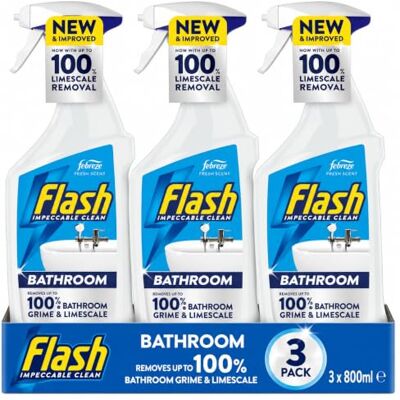 Fairy Flash BATHROOM Cleaning Spray 800ml X 3 – Powerful Multi Surface Cleaner – Removes Limescale, Soap Scum & Bathroom Dirt – Fast Acting Spray For Tiles, Sinks, Taps & Showers Fairy Flash BATHROOM Cleaning Spray 800ml X 3 – Powerful Multi Surface Cleaner – Removes Limescale, Soap Scum & Bathroom Dirt – Fast Acting Spray For Tiles, Sinks, Taps & Showers