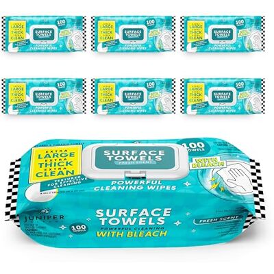 Juniper CLEAN 6 Packs Surface Wipes with Bleach, Thick & Large Dispose, All-Purpose Cleaner for Bathroom, Kitchen, Office, 600 Count Soft Flow, Biodegradable, Fresh Scent Juniper CLEAN 6 Packs Surface Wipes with Bleach, Thick & Large Dispose, All-Purpose Cleaner for Bathroom, Kitchen, Office, 600 Count Soft Flow, Biodegradable, Fresh Scent