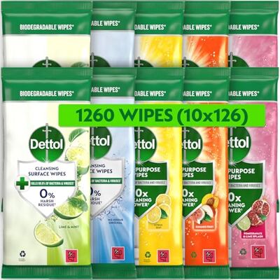Dettol Antibacterial Cleansing Surface Wipes, Mixed Fragrance, 1260 Wipes (126 x 10pck) Large Value, Disinfectant, Home Hygiene, Biodegradable, Kills 99.9 Percent of Germs Dettol Antibacterial Cleansing Surface Wipes, Mixed Fragrance, 1260 Wipes (126 x 10pck) Large Value, Disinfectant, Home Hygiene, Biodegradable, Kills 99.9 Percent of Germs