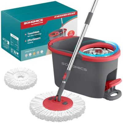 SONGMICS Spin Mop Bucket Set with Pedal Wringer, Floor Cleaning Mop, Adjustable Telescopic Handle 122.5-150 cm, 360° Rotating Head, 1 Microfibre Pad, Grey and Red LMB002GT01 SONGMICS Spin Mop Bucket Set with Pedal Wringer, Floor Cleaning Mop, Adjustable Telescopic Handle 122.5-150 cm, 360° Rotating Head, 1 Microfibre Pad, Grey and Red LMB002GT01