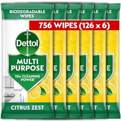 Dettol Antibacterial Multipurpose Cleaning Biodegradable Wipes, Citrus Zest, 756 Wipes (126 x 6pck) Disinfectant, Home Hygiene, Kills 99.9 Percent of Germs Dettol Antibacterial Multipurpose Cleaning Biodegradable Wipes, Citrus Zest, 756 Wipes (126 x 6pck) Disinfectant, Home Hygiene, Kills 99.9 Percent of Germs