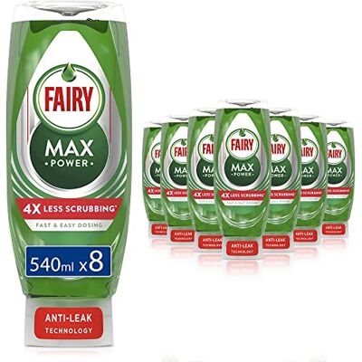 Fairy MaxPower Washing Up Liquid 4.32 L (540 ML x 8), Easy & Effortless Cleaning, Even On Your Greasiest Pots & Pans Fairy MaxPower Washing Up Liquid 4.32 L (540 ML x 8), Easy & Effortless Cleaning, Even On Your Greasiest Pots & Pans